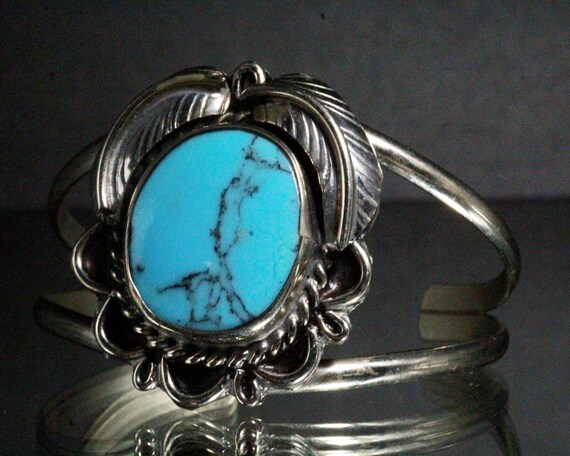Vintage Mexico Sterling Silver Leaf Turquoise Cuf… - image 2