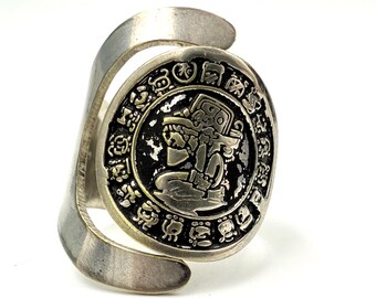 Anillo ajustable con superposición de calendario y símbolos aztecas en plata de ley, talla 10.5