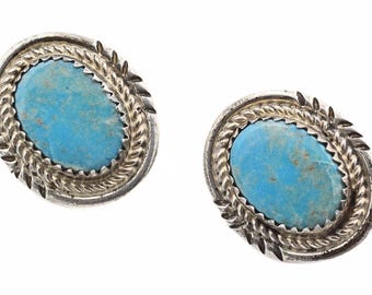 Handsome Ana Begay Stamped Sterling Silver Turquoise Navajo Oval Post Earrings
