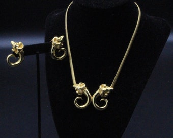 Vintage Designer Couture Etruscan Ram Head Gold Plate Necklace Earrings Set