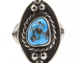 Magnífico anillo de plata de ley con turquesa espuma de mar de los años 60, estilo antiguo peón navajo, talla 5,75