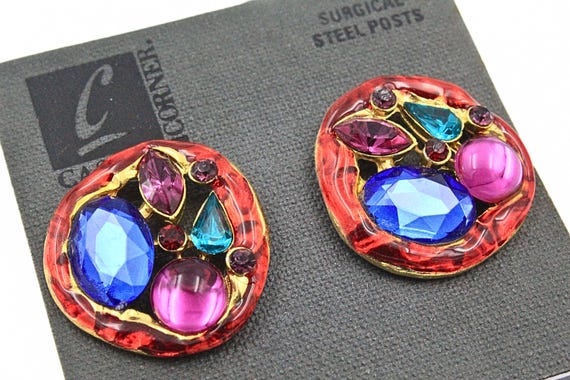 Vintage 80's Retro Red Blue Pink Green Foiled Acrylic Mint Post Earrings View 2