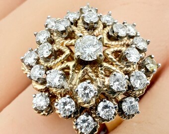 Anillo vintage de oro de 14 quilates con racimo de diamantes de 1,25 quilates, talla 7,25, lujoso anillo con forma de estrella de diamantes y forma de cúpula, anillo de cóctel antiguo de oro amarillo de 14 quilates.