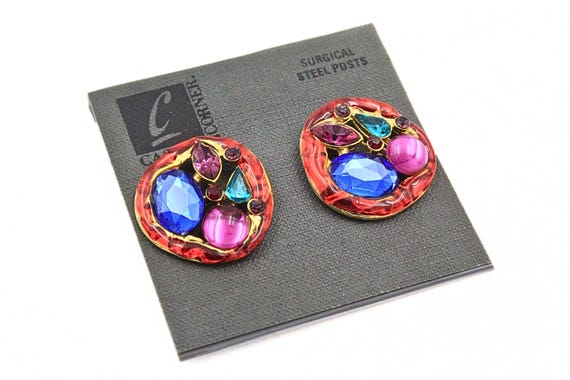 Vintage 80's Retro Red Blue Pink Green Foiled Acrylic Mint Post Earrings