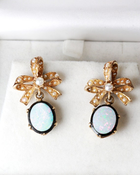 Victorian Revival Opal Onyx Seed Pearl Bow Earring