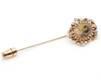 Antique Victorian 14K Gold Seed Pearl Portrait Pin