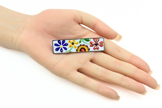 Antique Rectangular German Silver Multi Color Ena… - image 6