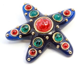 Kenneth Jay Lane KJL Poured Glass Star Fish Blue Multi-Color Moghul Brooch