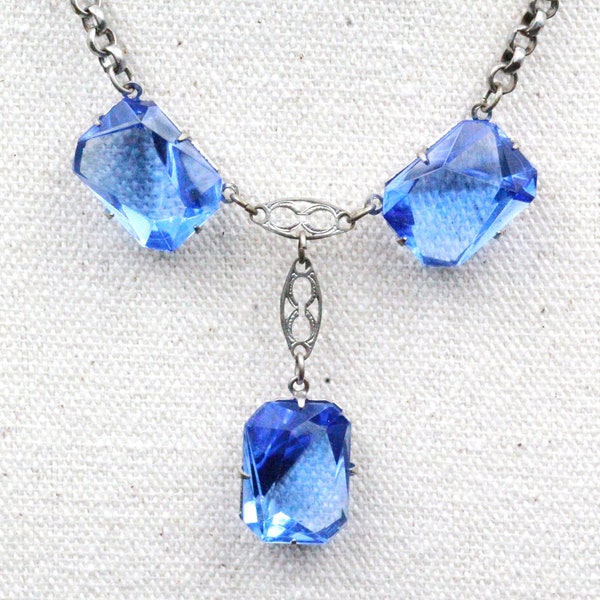 Antique Art Deco Blue Czech Vauxhall Glass Faceted Silver Tone Necklace