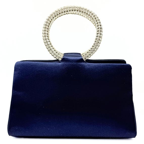 Judith Leiber Midnight Blue Satin Evening Bag Rhinestone O-Ring Top Handle Clutch