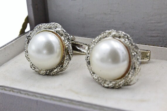 Distinguished White Faux Pearl Silver Tone Textured Cufflinks View 3