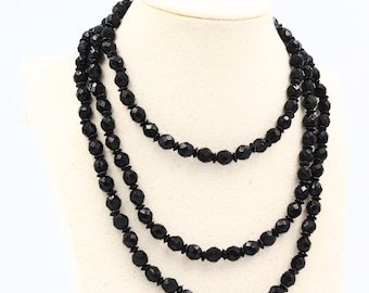 Antique Art Deco Faceted Black French Jet Glass Long Flapper Necklace