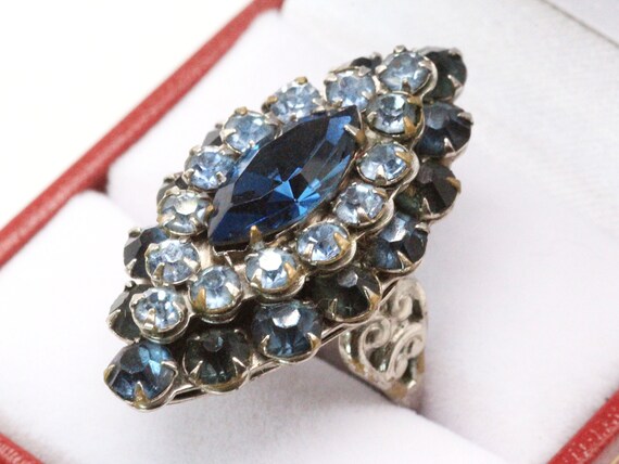 Vintage Rhinestones Blues 40's Silver Tone Ornate… - image 1