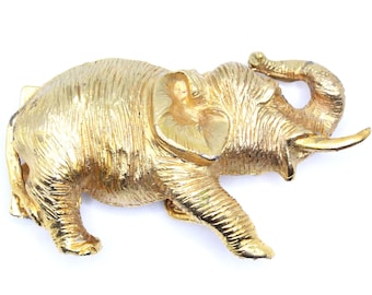 Belt Buckle Vintage Lucky Elephant Trunk up Gold Tone Metal 