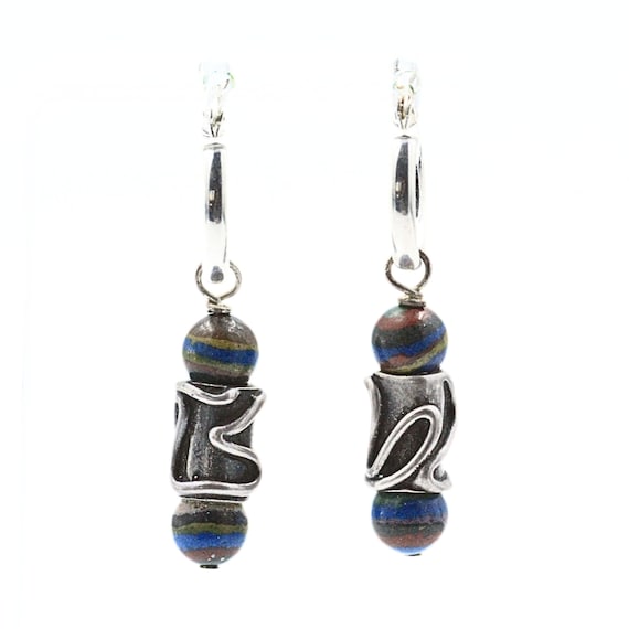 Vintage Sterling Silver Art Glass Bead Bullet Earrings