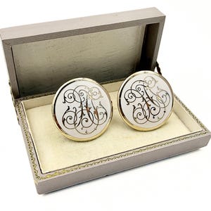 Vintage Monogrammed Scrollwork White Enamel Gold Plate Cufflinks