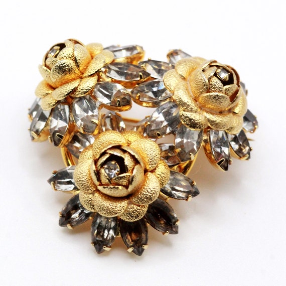 Vintage Gold Plated Navette Flower Rhinestones 3-… - image 1