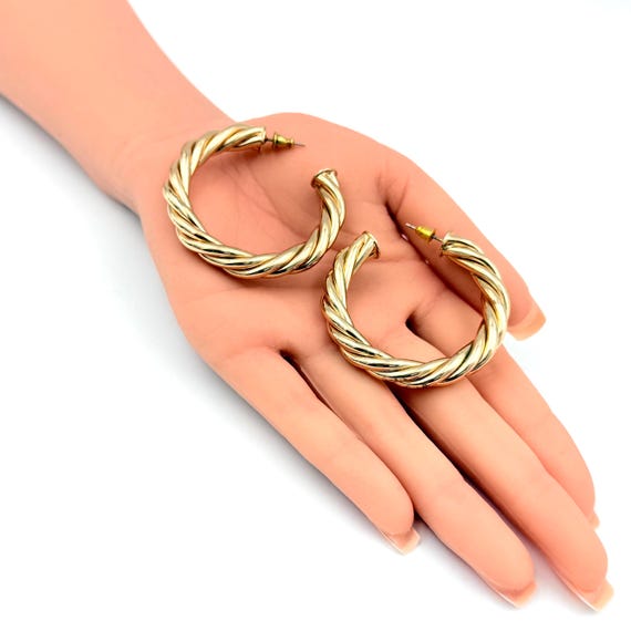 Fabulous Gold Plated Twisted Chunky Hoop Post Earrings View 4