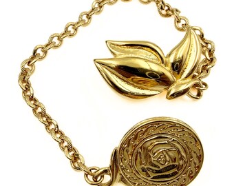 Liz Claiborne Designer Signed Gold Plated Rose & Lotus Flower Motif Dress Clip Chain