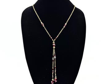 Stunning Gray Red Glass Beads Gold Plated Chain Lariat Style Necklace