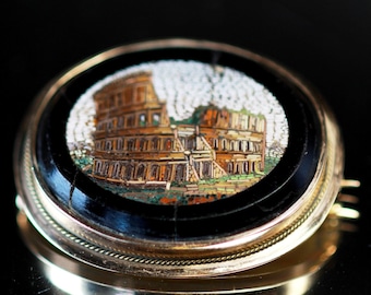 Antique Victorian Micro Mosaic Cathedral Ruins 14k Gold Pin Solid Back