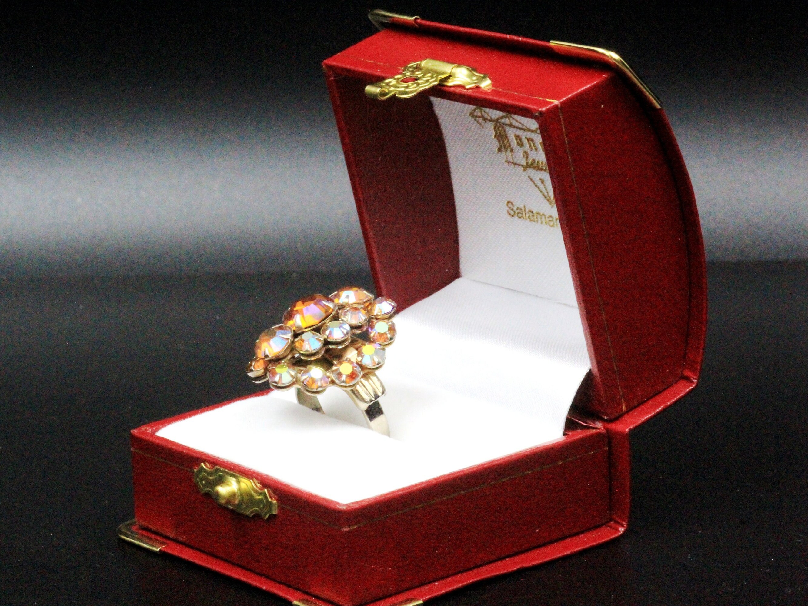 Vintage Pink Aurora Borealis AB Crystals Cluster Silver Tone Ring Sz 6 ...