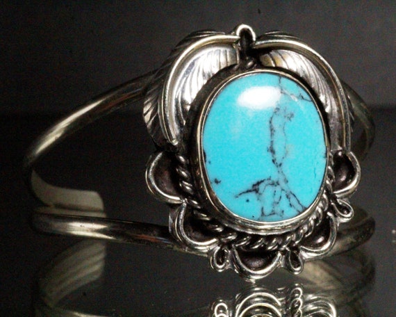 Vintage Mexico Sterling Silver Leaf Turquoise Cuf… - image 1