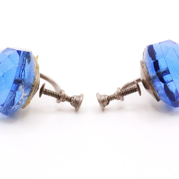 Antique Art Deco Sterling Silver Vauxhall Glass Blue Faceted Earrings