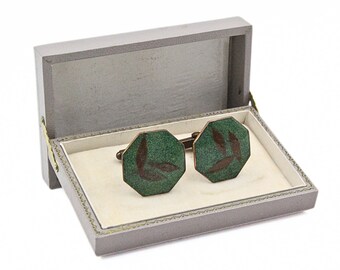 Boutons De Manchette Mid-century Modern - Émail Cuivre Rond, Vert Et Rouge, Occasion, Style Rétro