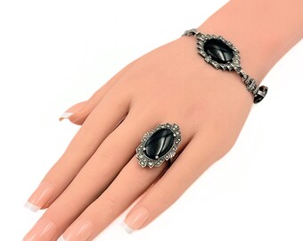 Conjunto de pulsera y anillo Art Déco antiguo de plata esterlina con ónix negro y pulsera de eslabones con filigrana de marcasita vintage.