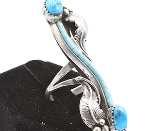 Exquisito anillo alargado vintage Navajo de plata esterlina con turquesa y peón antiguo, talla 7