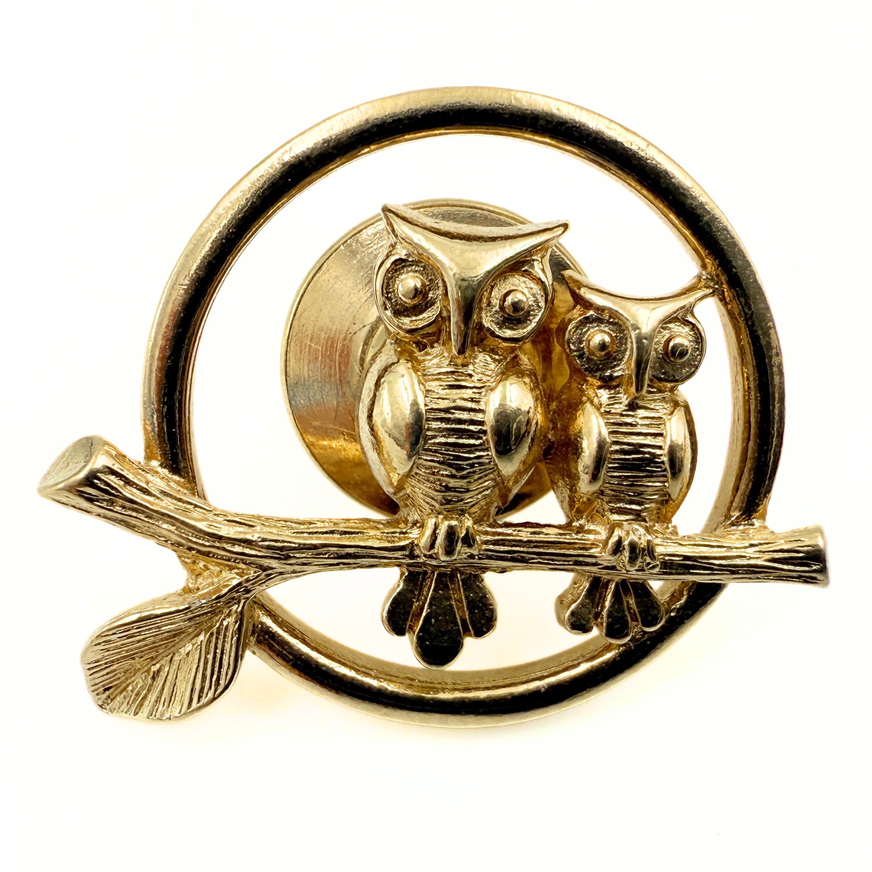 Vintage Avon Signed Gold Plated Owl Tie Tac, Two Owls on a Branch Lapel Pin, Retro Gold Tone Bird Br