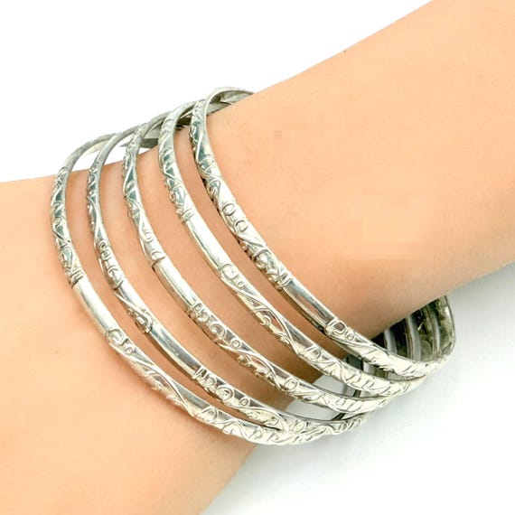 Vintage Sterling Silver Victorian Style Stackable Etched Bracelet