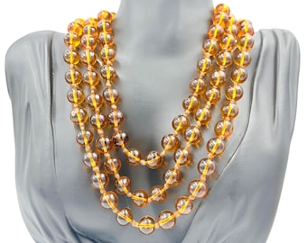 Antique Art Deco Round Orange Glass Beads Hand Knotted Flapper Necklace