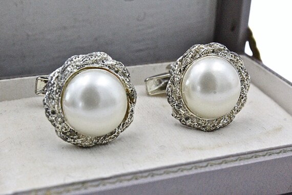 Distinguished White Faux Pearl Silver Tone Textured Cufflinks View 2