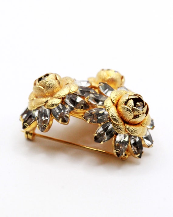 Vintage Gold Plated Navette Flower Rhinestones 3-… - image 9