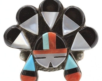 Süßer Sterling Silber Multi Stein Zuni Inlay Sunface Ring Gr. 7,5
