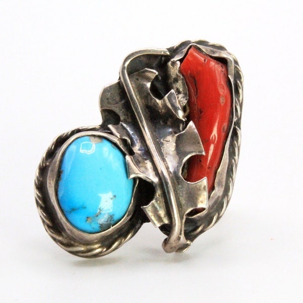 Lovely Sterling Silver Old Pawn Coral Turquoise Classic Design Navajo Ring  Sz 6.75