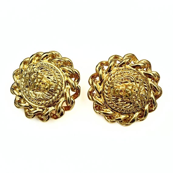 Designer High End Round Gold Plated Molded Lion Head Clip Earrings