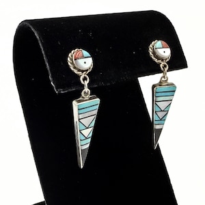 Southwest Sterling Silver Inlaid Sun Face MOP Onyx Turquoise Coral Post Dangle Earrings