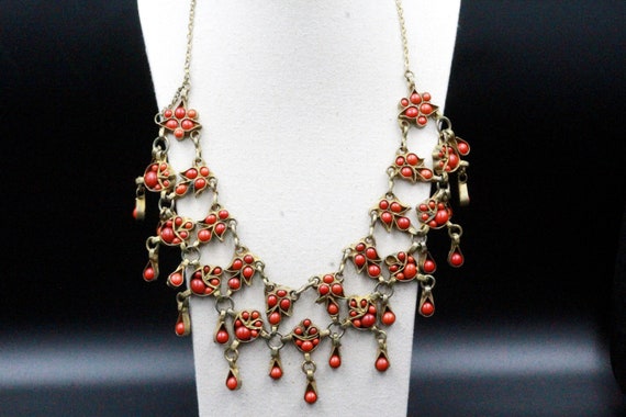 Vintage Indian Coral Brass Tone Ethnic Tribal Utt… - image 1