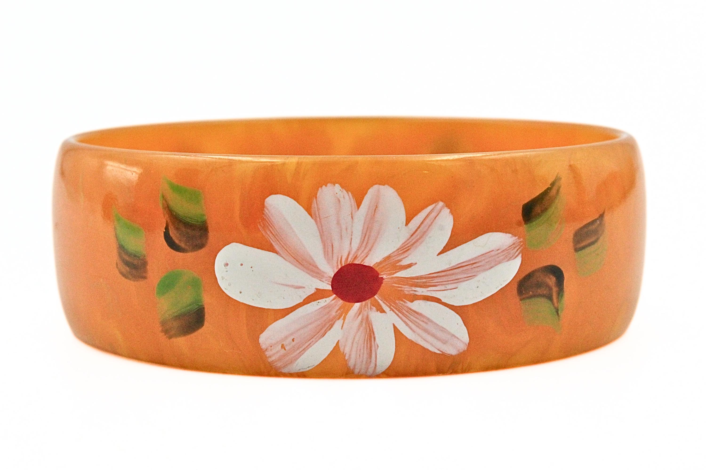 邦楽 bai bracelot / new anti! Vintage Orange Hand Painted Floral Bakelite Tested 409 Marbleized