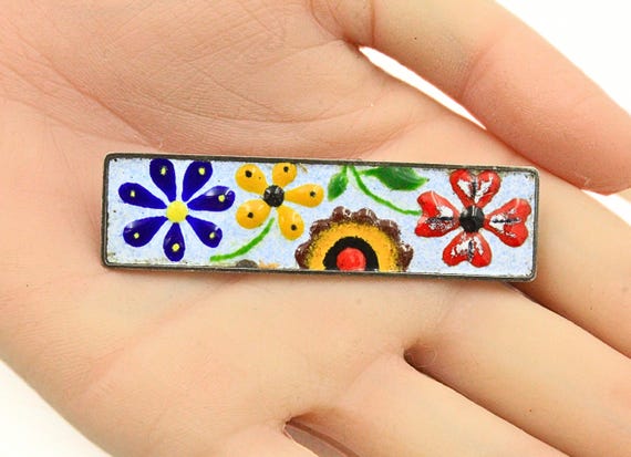Antique Rectangular German Silver Multi Color Ena… - image 2