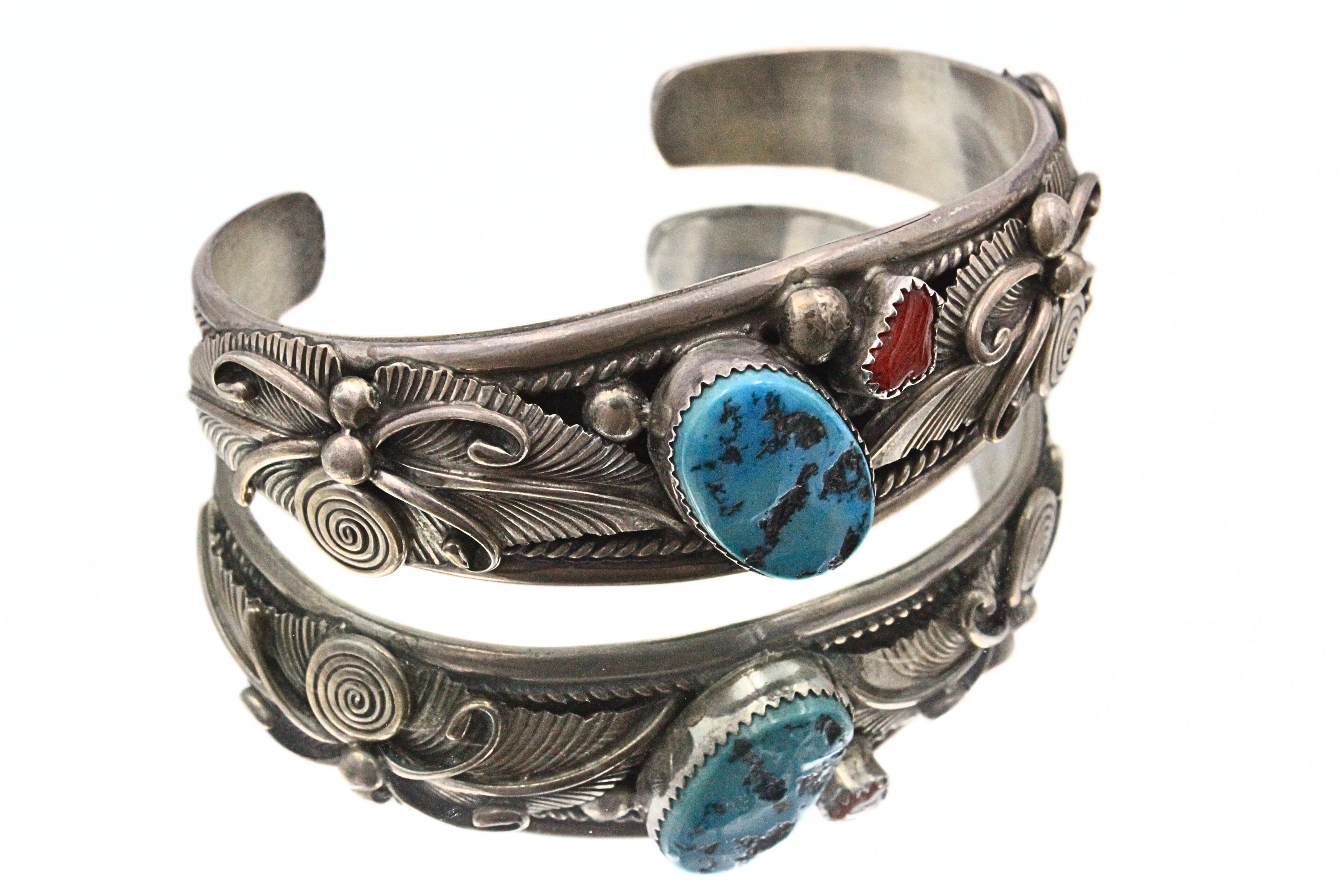 Navajo Turquoise Coral Cuff Bracelet, Lester Craig Sterling Silver