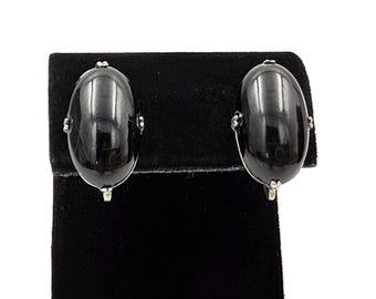 Antique Sterling Silver Onyx Cabochon Large Screw Back Earrings