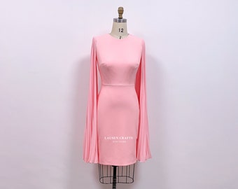 Pink Midi Dress | Pink Dress with Cape Sleeves | Mother Of The Bride Dress | Wedding Guest Dress Custom