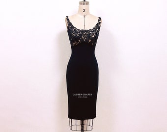 1950s Lace Top Bodycon Dress - Little Black Cocktail Dress
