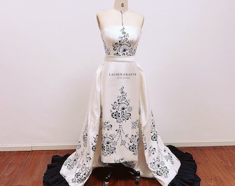 Hepburn Inspired Sabrina Dress, 1950s Movie Wedding Dress, Black and White Print Bridal Gown