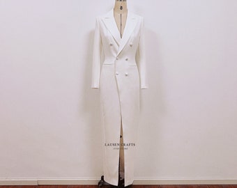 White Long-sleeve Wedding Suit Bridal Gown, Tuxedo Dress Celebrity Outfits