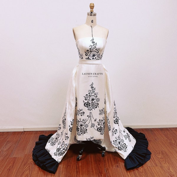 Hepburn Inspired Sabrina Dress, 1950s Movie Wedding Dress, Black and White Print Bridal Gown